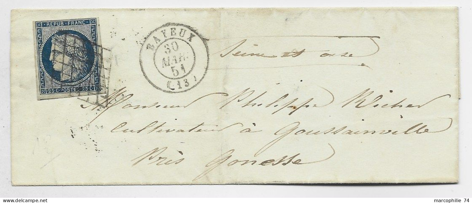 FRANCE N° 4 GRILLE TYPE 15 BAYEUX 30 MAI 1851 (13) CALVADOS LETTRE POUR GONESSE - 1849-1876: Periodo Classico