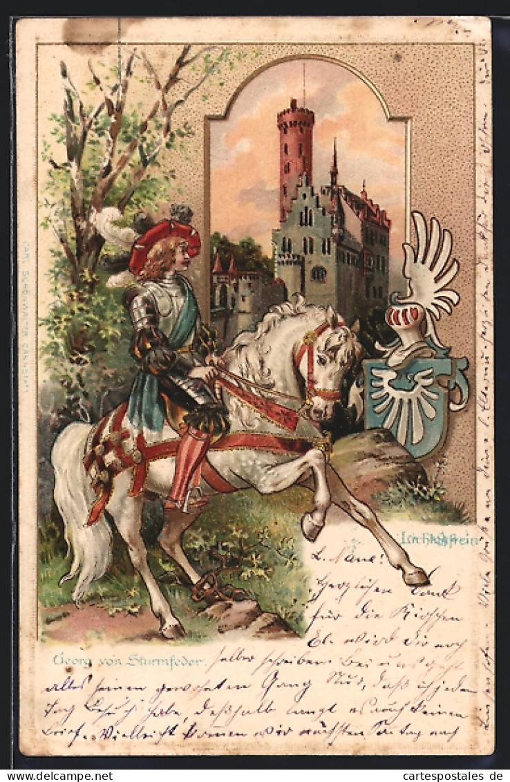 Passepartout-Lithographie Lichtenstein, Georg Von Sturmfeder, Ritter Hoch Zu Ross, Wappen, Burg  - Autres & Non Classés