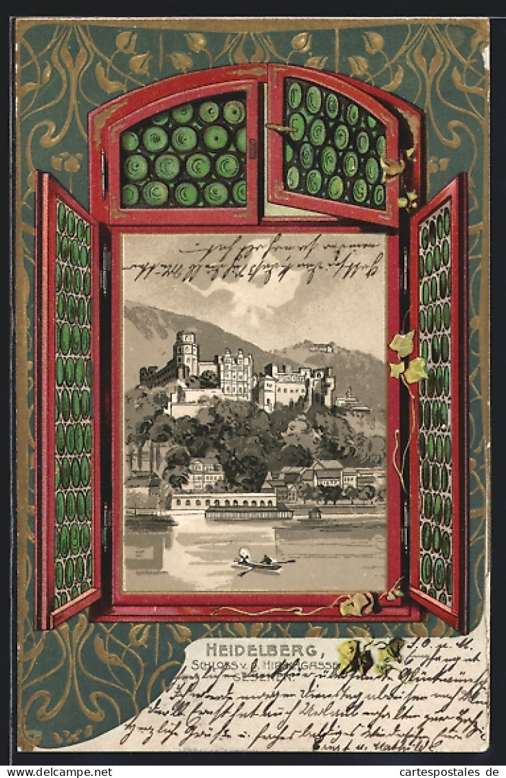 Passepartout-Lithographie Heidelberg, Schloss Von Der Hirschgasse Aus, Blick Durch Ein Fenster  - Autres & Non Classés