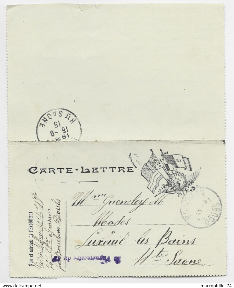 CARTE LETTRE FM DRAPEAUX GONSANS DOUBS 1915 POUR HAUTE SAONE + GRIFFE VIOLETTE LE VAGUEMESTRE - 1. Weltkrieg 1914-1918