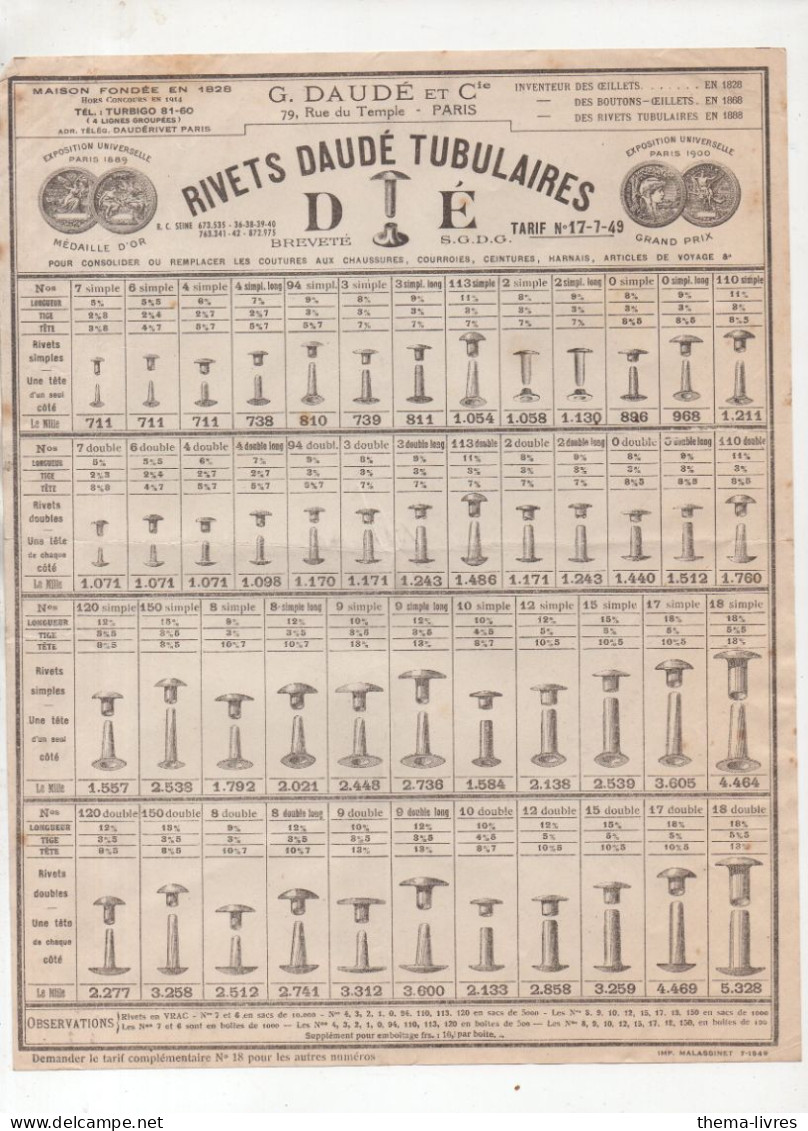 Paris Rue Du Temple  Tableau Des RIVETS DAUDE Tubulaires  1949   (PPP47361) - Advertising