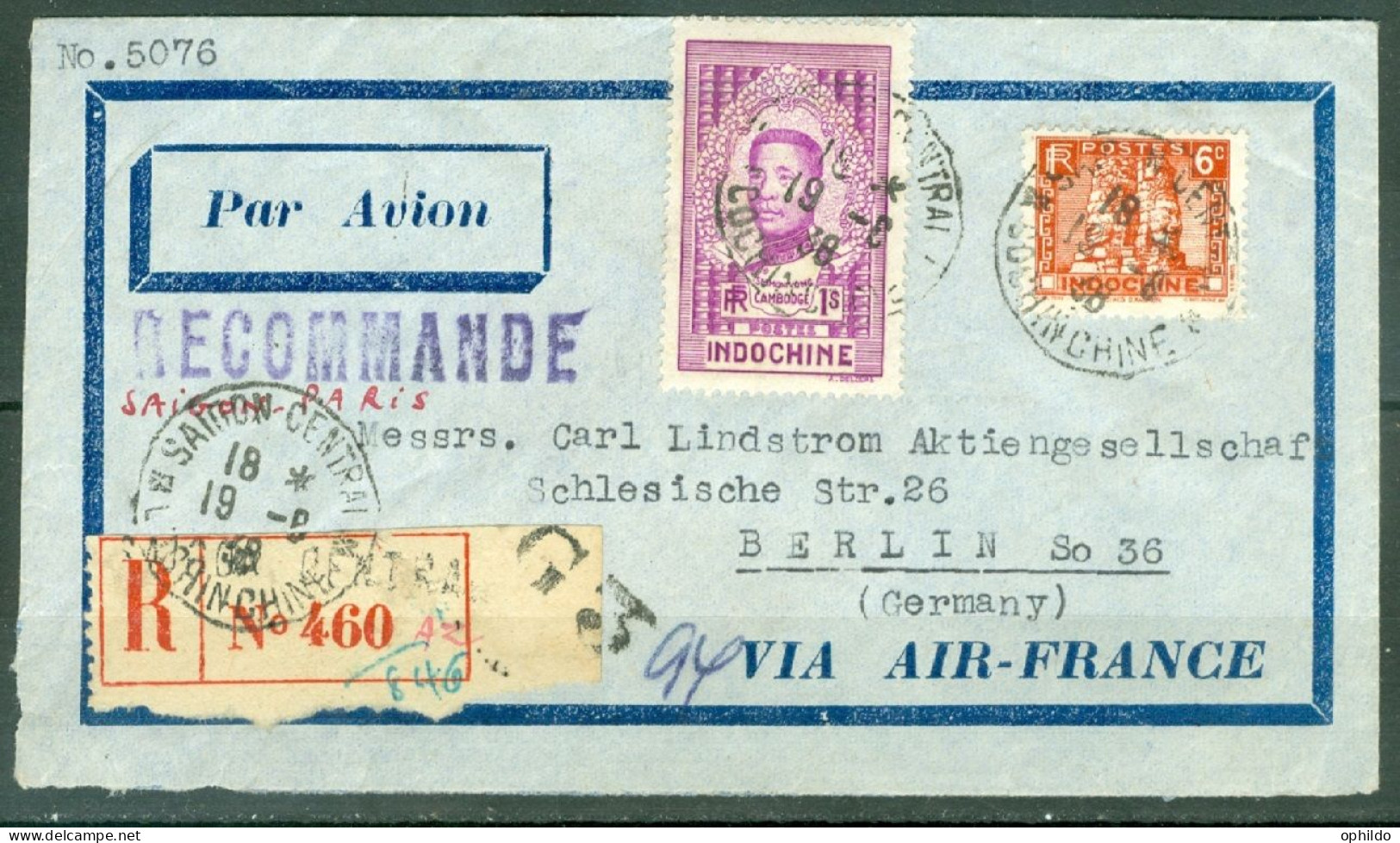 Indochine  Recommandé   Saigon Cochinchine Pour Berlin  19 Aout 1938 Via Air France   - Brieven En Documenten