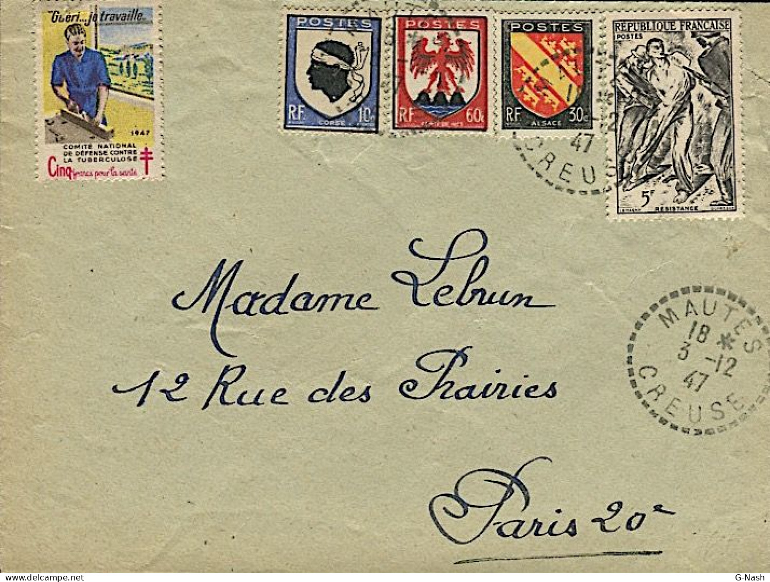 De Mautes (Creuse) Vers Paris - Cachet Perlé - 3 Décembre 1947 - Affranchissement Mixte / Vignette Tuberculose - Covers & Documents