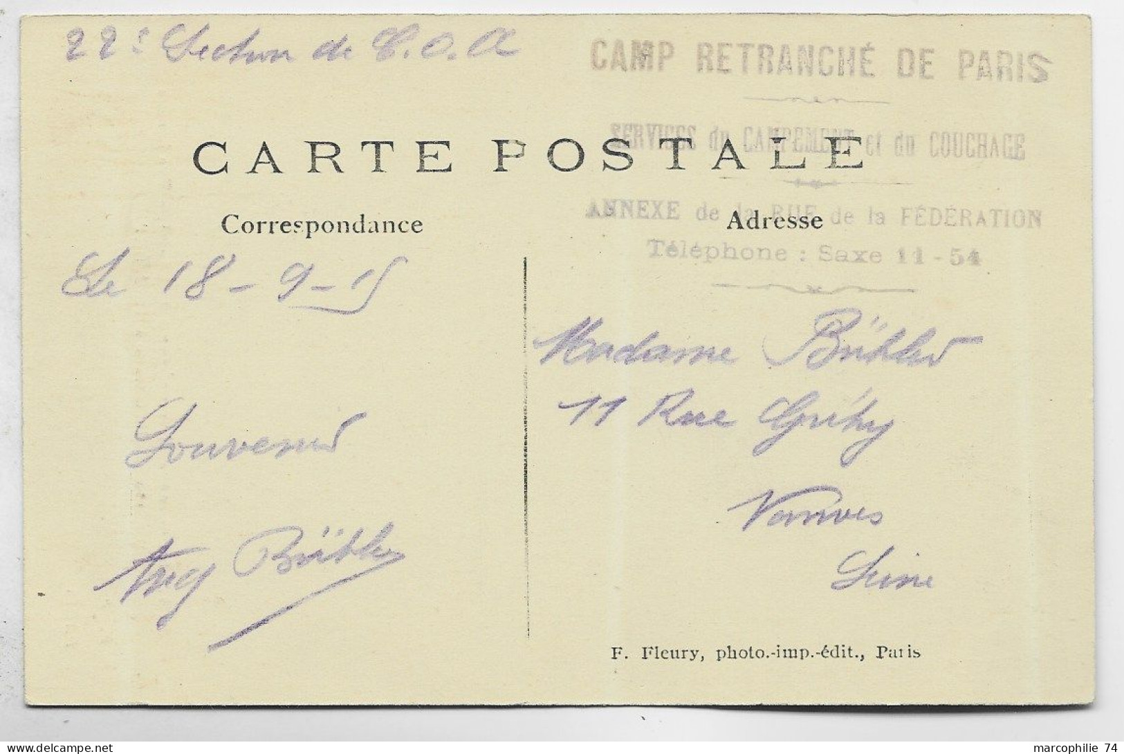 GUERRE 1914 1915 WWI CARTE NIEUPORT CACHET VIOLET SERVICE DU CAMPEMENT & DU COUCHAGE MILITAIRES PARIS + VERSO 1915 - WW I