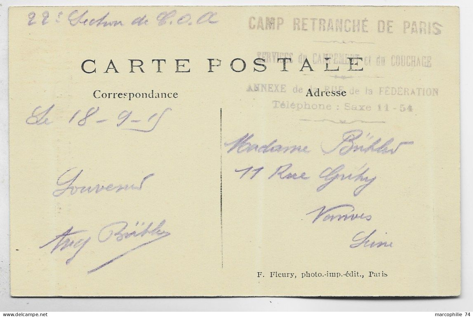 GUERRE 1914 1915 WWI CARTE NIEUPORT CACHET VIOLET SERVICE DU CAMPEMENT & DU COUCHAGE MILITAIRES PARIS + VERSO 1915 - Guerre De 1914-18