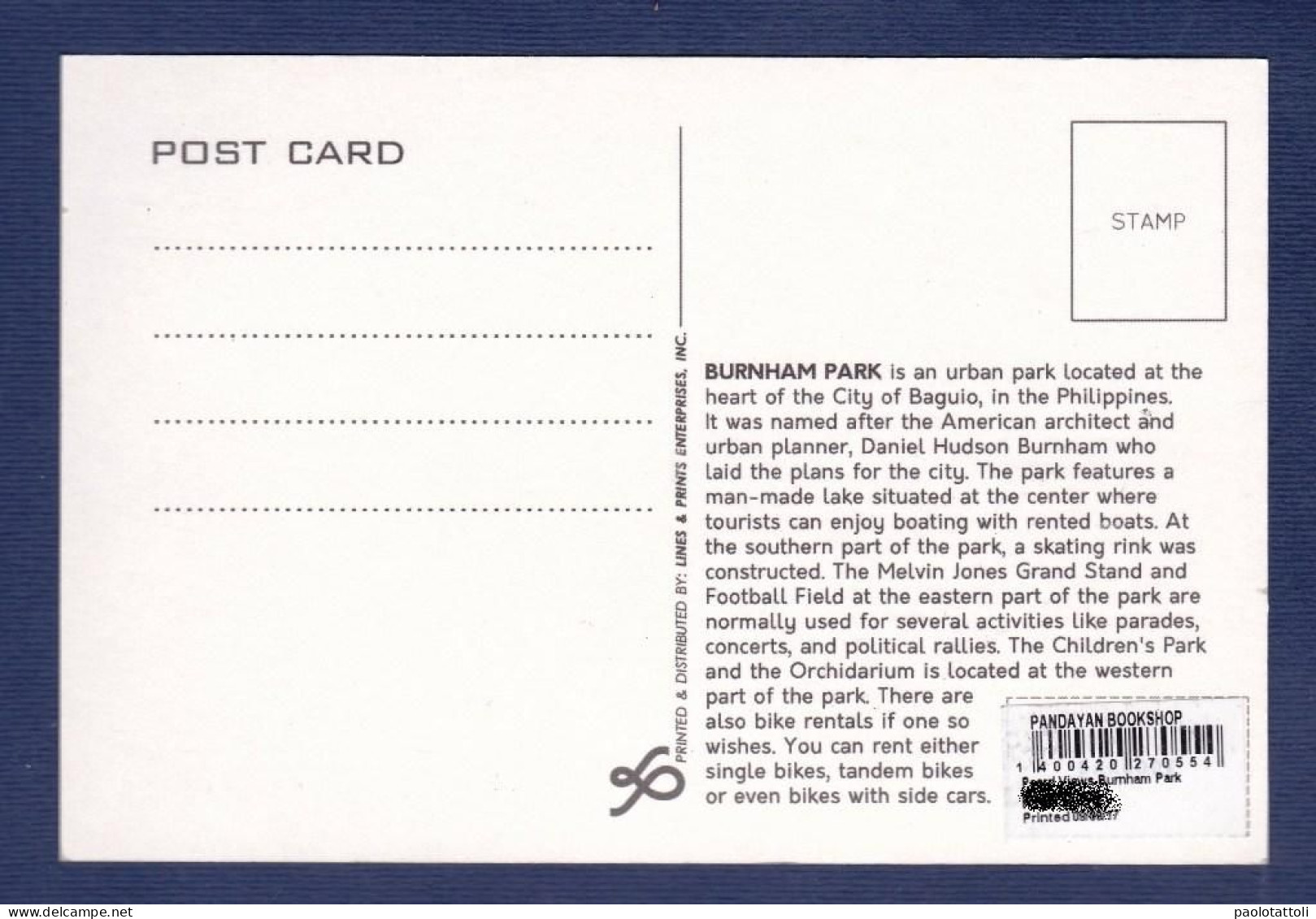 Philippines- Burnham Park, Beguio City- New, Standard Size Post Card, Verso Divided. Ed. Lines & Prints. - Philippinen