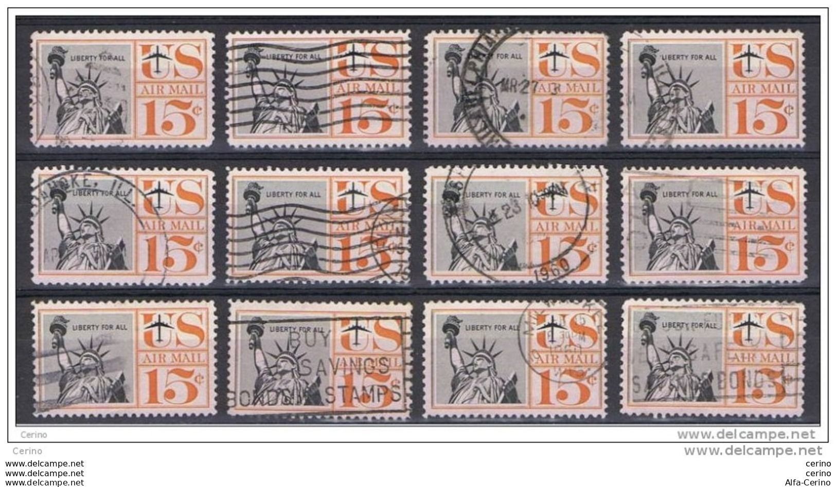 U.S.A.:  1959/61  AIR  MAIL  -  15 C. USED  STAMPS  -  REP. 12  EXEMPLARY  -  YV/TELL. 58 - 2a. 1941-1960 Oblitérés