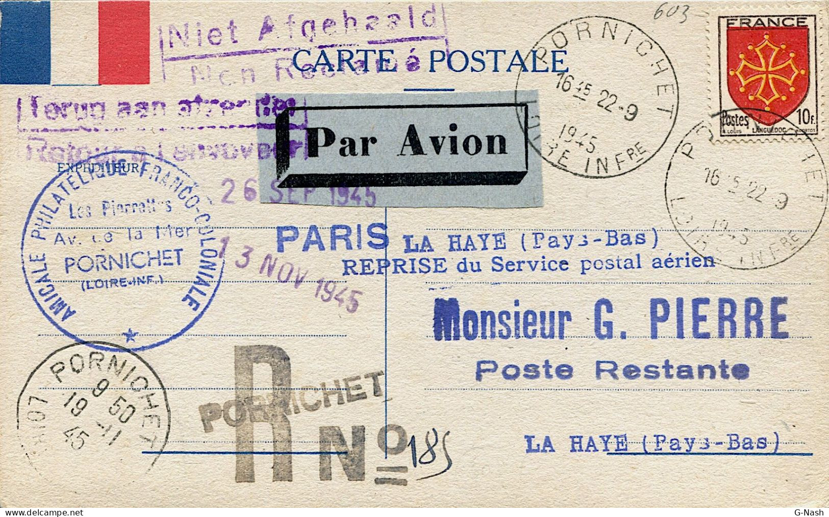 CP De Pornichet (Loire Inférieure) Vers La Haye (Pays-Bas) - 22/09/1945 - Recommandé Provisoire - Covers & Documents