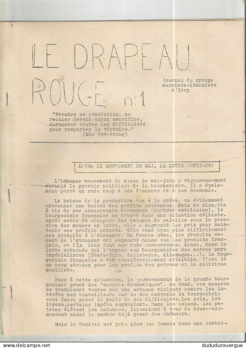 " LE DRAPEAU ROUGE " JOURNAL DU GROUPE MARXISTE - LENINISTE D IVRY : LE N ° 1 - 1950 - Nu