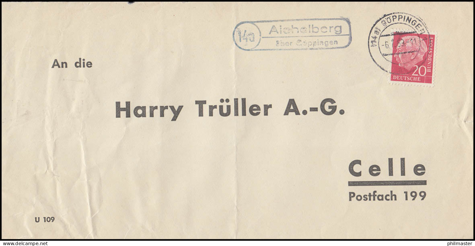 Landpost Aichelberg über Göppingen 1959 Bedarfserhaltung/senkrechter Briefbug - Other & Unclassified