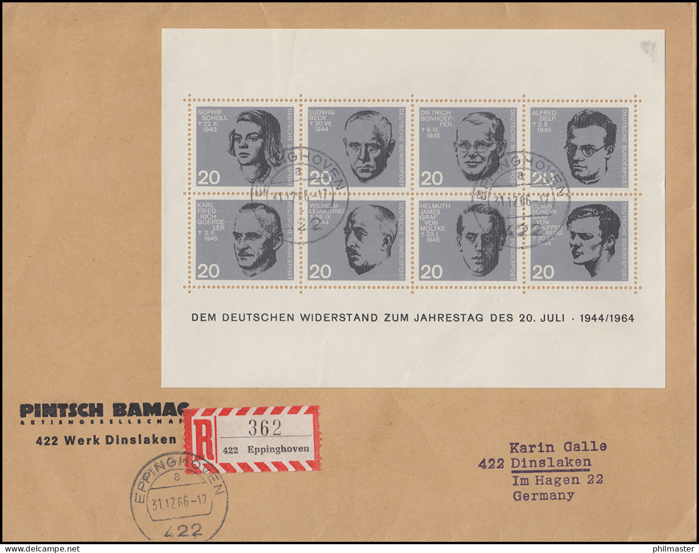 Block 3 Attentat 20.Juli 1944 R-Brief EPPINGHOVEN 31.12.1966 Nach Dinslaken - Storia Postale