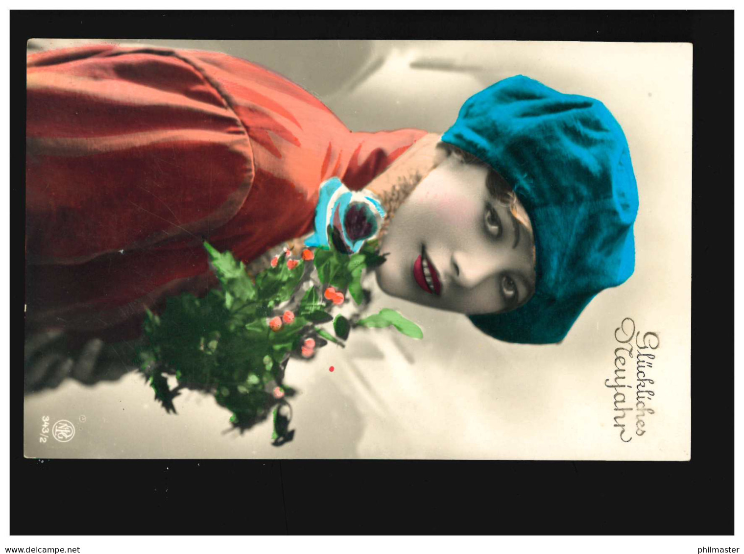 AK Frauen: Frau Mit Blauer Mütze Blumen Glückliches Neujahr, Langnau 30.12.1927 - Mode