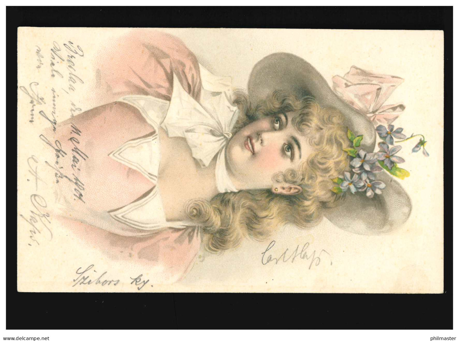 AK Frauen: Frau Mit Locken, Blüte, Hut Und Schleife Am Hals, Breslau 18.05.1901 - Mode