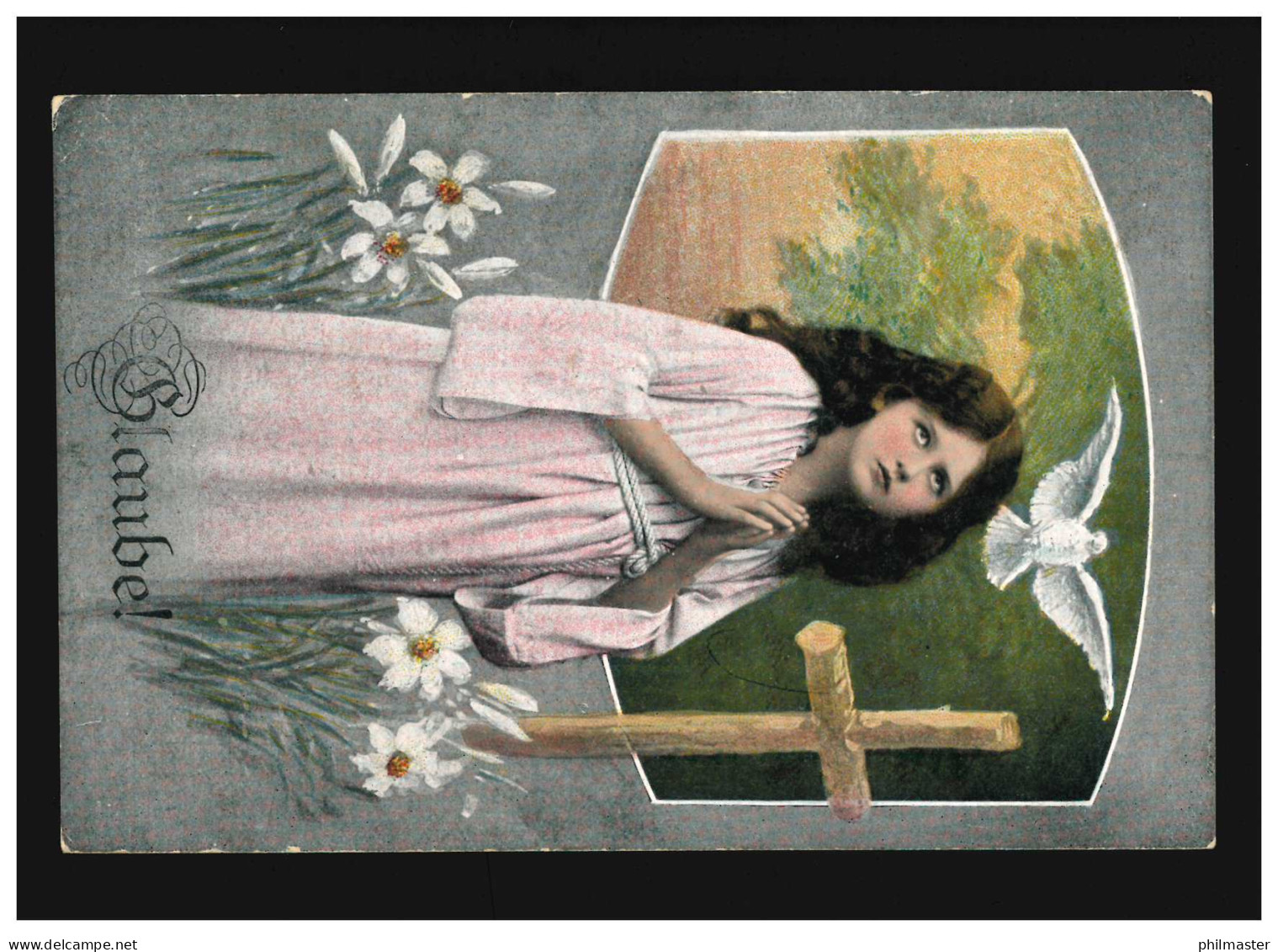 AK Frauen: Frau Betend, Mit Kreuz, Weiße Taube, Blumen,Glaube!, Ungebraucht - Moda
