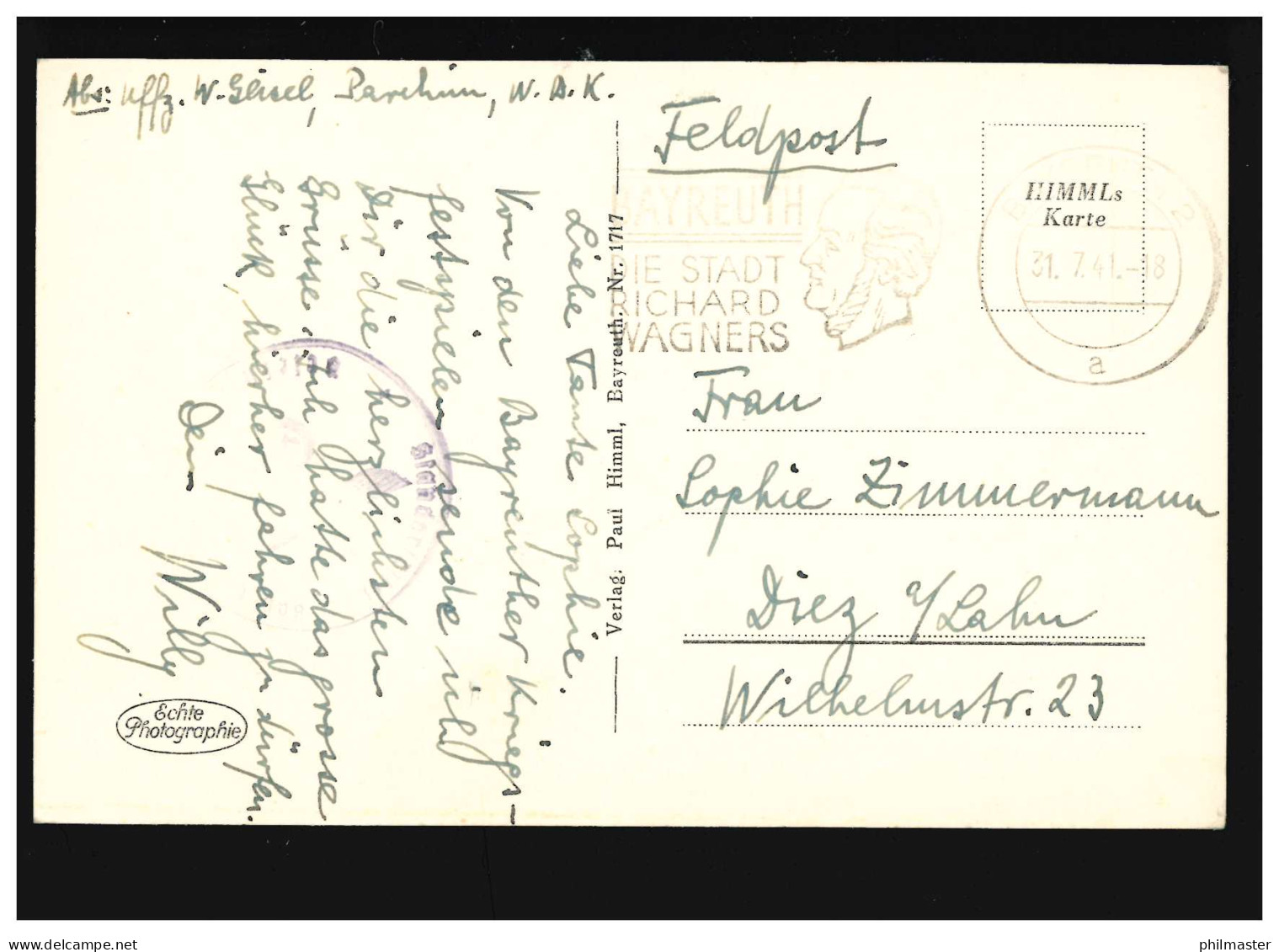 AK Bayreuth Hofgarten Mit Neuem Schloß, Feldpost, 31.7.1941 - Other & Unclassified
