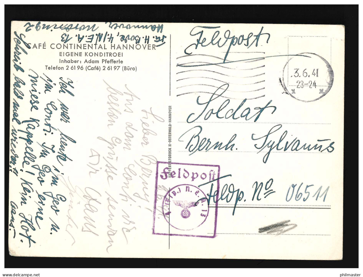 AK Café Continental Hannover Mittelraum, Feldpost, 3.6.1941 - Other & Unclassified