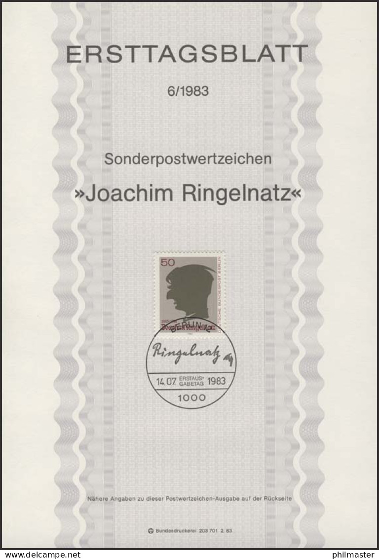 ETB 06/1983 Joachim Ringelnatz, Schriftsteller - 1e Jour – FDC (feuillets)