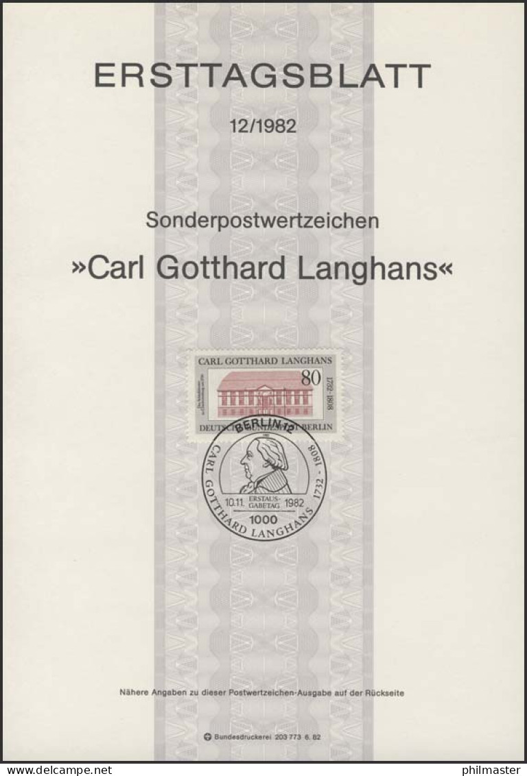 ETB 12/1982 Carl Gotthard Langhans, Baumeister - 1. Tag - FDC (Ersttagblätter)