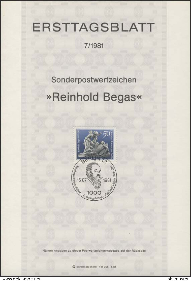 ETB 07/1981 Reinhold Begas, Bildhauer - 1. Tag - FDC (Ersttagblätter)