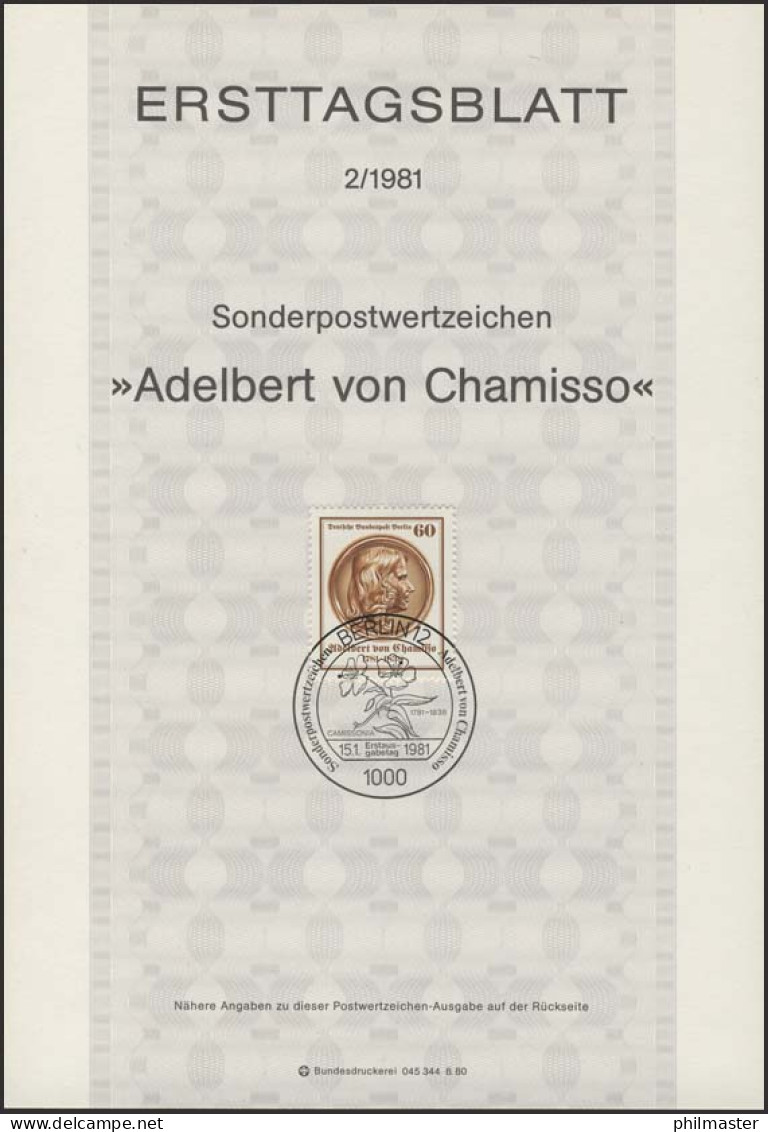 ETB 02/1981 Adelbert Von Chamisso, Dichter - 1e Jour – FDC (feuillets)