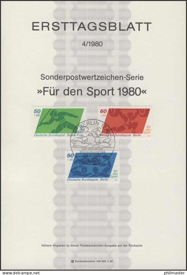 ETB 04/1980 Sport, Speerwerfen, Gewichtheben, Wasserball - 1st Day – FDC (sheets)