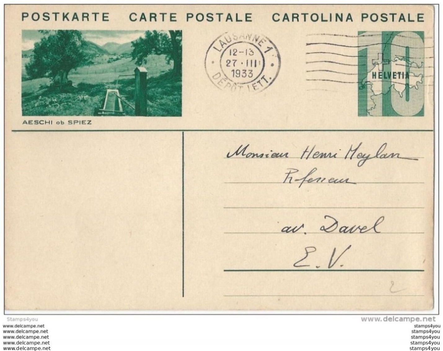 6 - 41 - Entier Postal Avec Illustration "Aeschi Ob Spiez" Cachet à Date 1933 - Stamped Stationery
