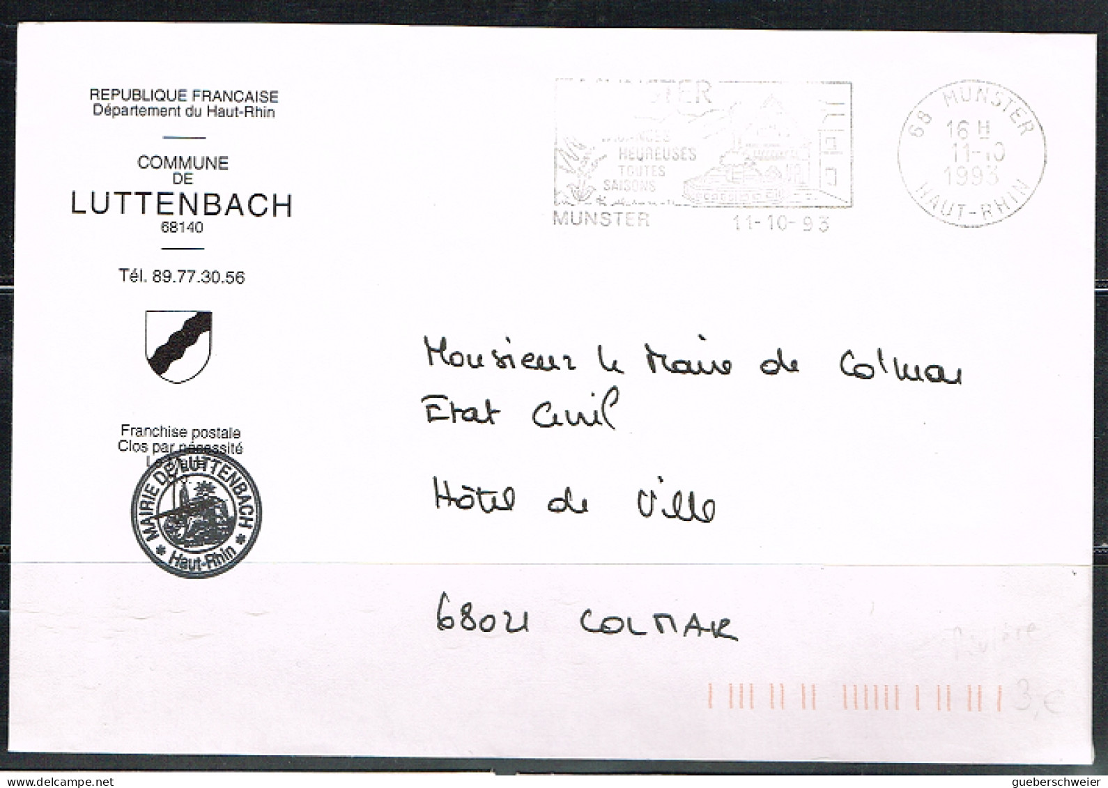 NAT-L39 - FRANCE Flamme Illustrée De Munster Sur Lettre En Franchise Postale De La Commune De Luttenbach 1993 - Mechanische Stempels (reclame)