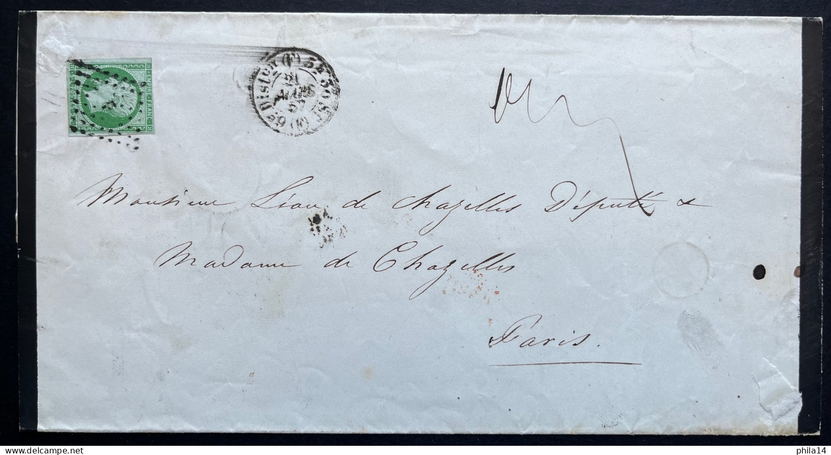 N°12 5c VERT SUR LETTRE / PARIS DISTRIBUTION F POUR PARIS / 21 MARS. 1857 / LSC /  ARCHIVE DE CHAZELLES - 1849-1876: Classic Period