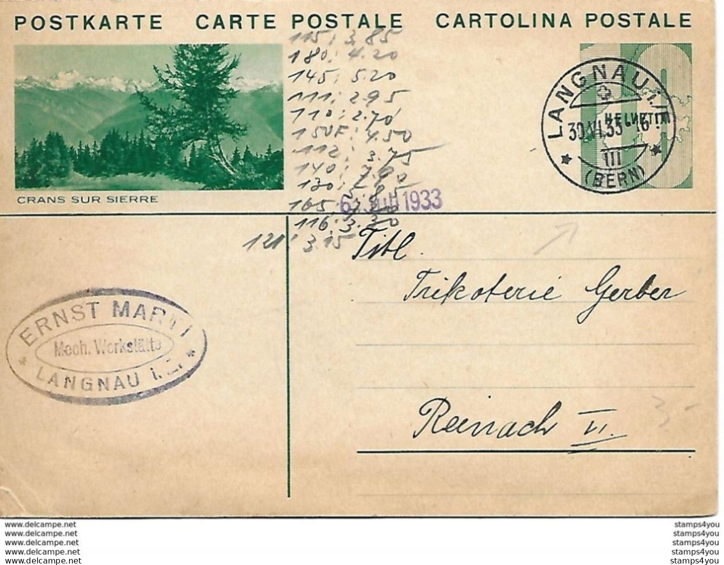 164 - 8 - Entier Postal Avec Illustration "Crans Sur Sierre" Superbe Cachet à Date Langnau 1933 - Postwaardestukken