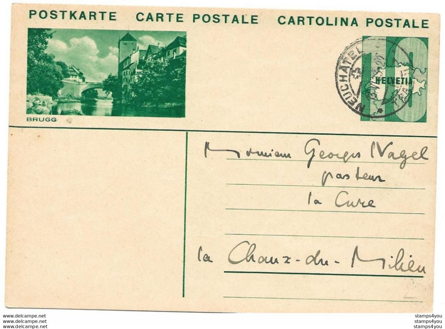 3 - 39 - Entier Postal Avec Illustration "Brugg" Avec Cachet à Date Neuchâtel 1933 - Postwaardestukken