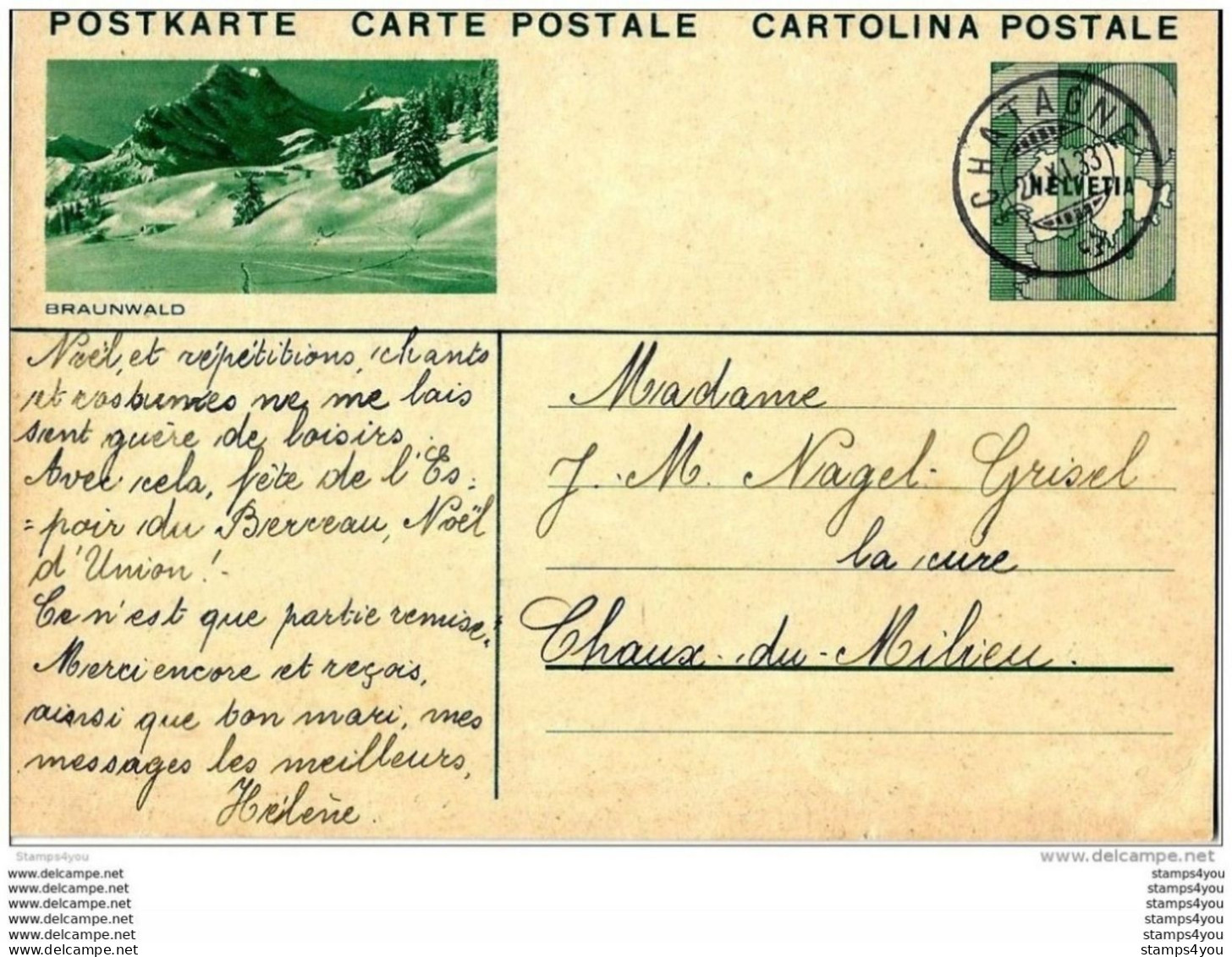 6 - 25 - Entier Postal Avec Illustration "Braunwald" Superbe Cachet à Date De Chatagne 1933 - Enteros Postales