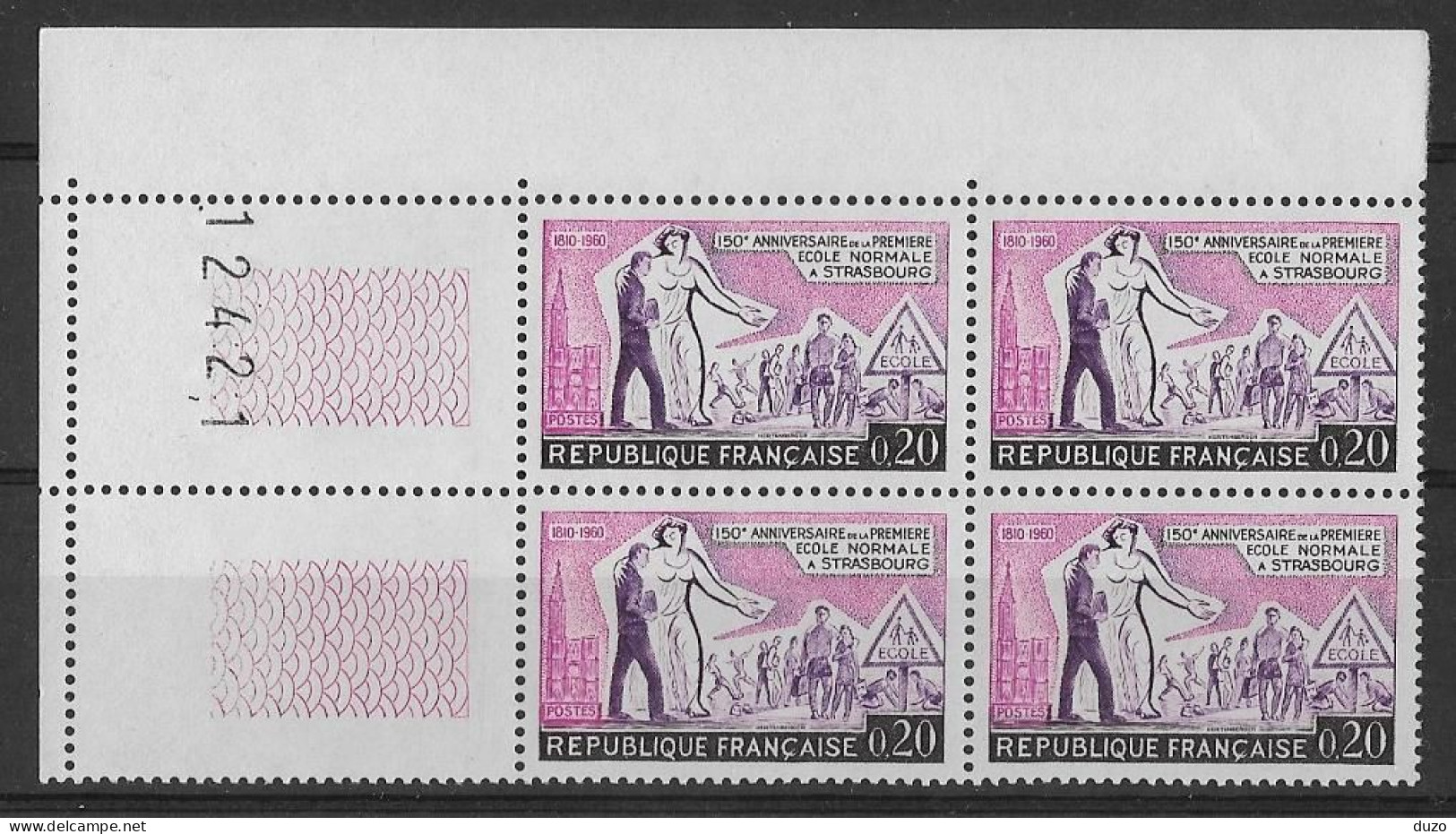 France - 1960 - Bloc De 4 Numéroté - Sesquicentenaire De L'Ecole Normale De Strasbourg -Y&T N° 1254 ** Neuf Luxe. - Unused Stamps