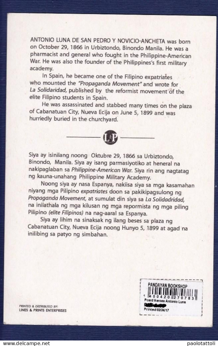 Philippines, Hero- Antonio Luna. NOT PROPERLY A POST CARD. Back With The Description Of His Istory. Standard Size. - Filippijnen