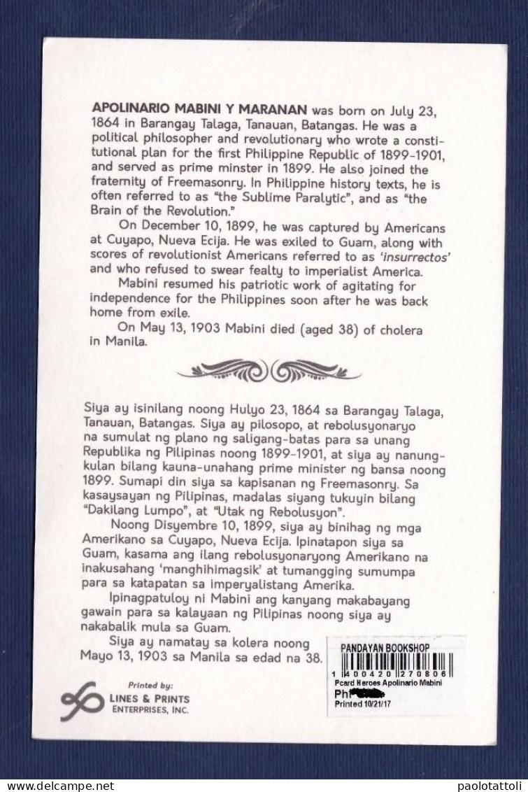 Philippines, Hero- Apolinario Mabini . NOT PROPERLY A POST CARD. Back With The Description Of His Istory. Standard Size. - Philippines