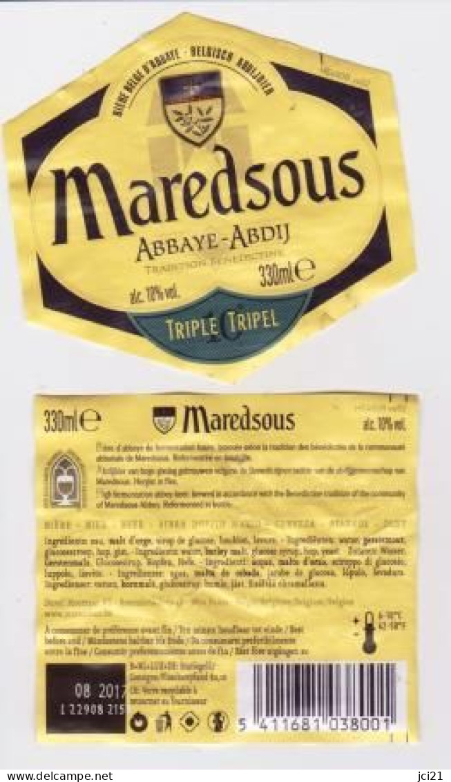 Etiquette Et Contre étiquette De Bière Abbaye Belge " MAREDSOUS " Blason écu  (2092)_Eb21 - Bière