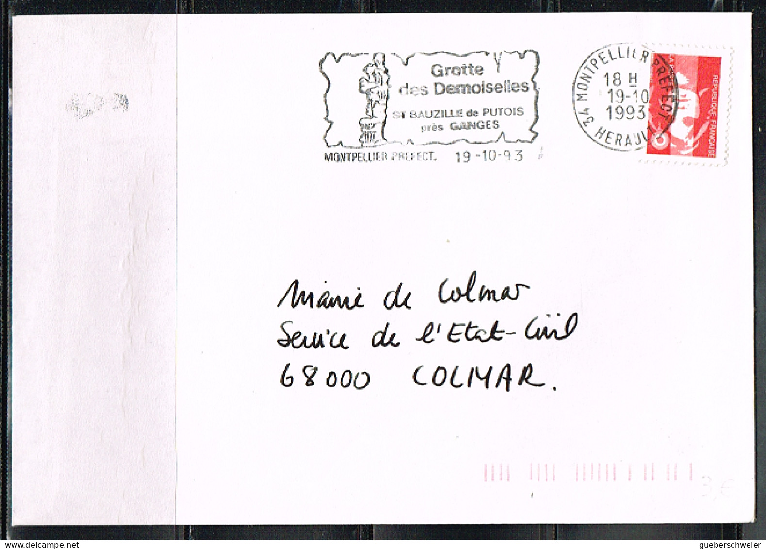NAT-L44 - FRANCE Flamme Illustrée Sur Lettre De Montpellier Grotte Des Demoiselles 1993 - Mechanical Postmarks (Advertisement)