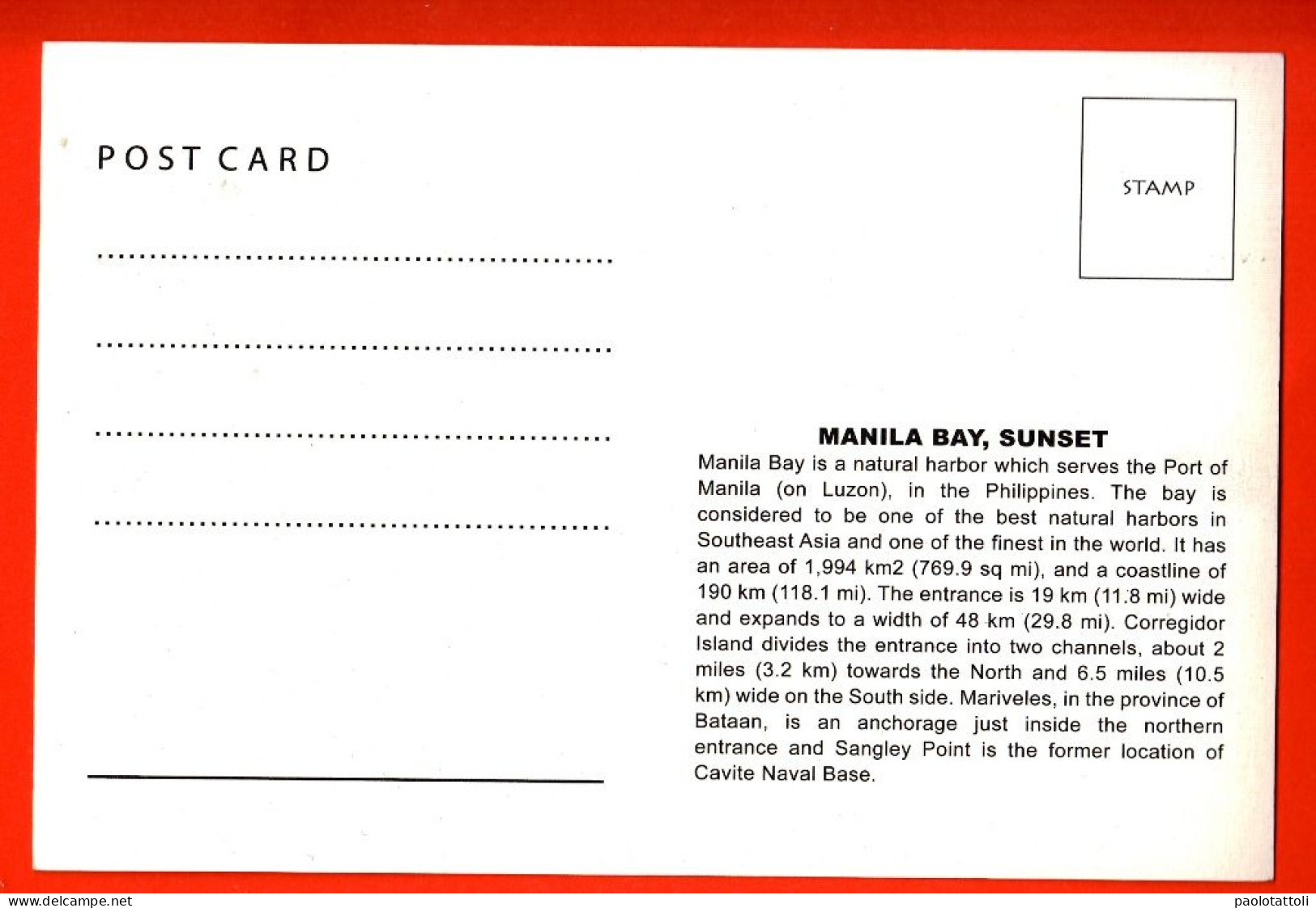 Philippines, Manila Bay Sunset. Standard Size, New. Divided Back. - Philippinen