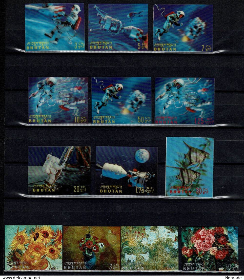 Bhoutan Cosmos - Fleurs - Poissons Lot 13 Timbres MNH** Timbres Non Dentelé 3D - Bhutan