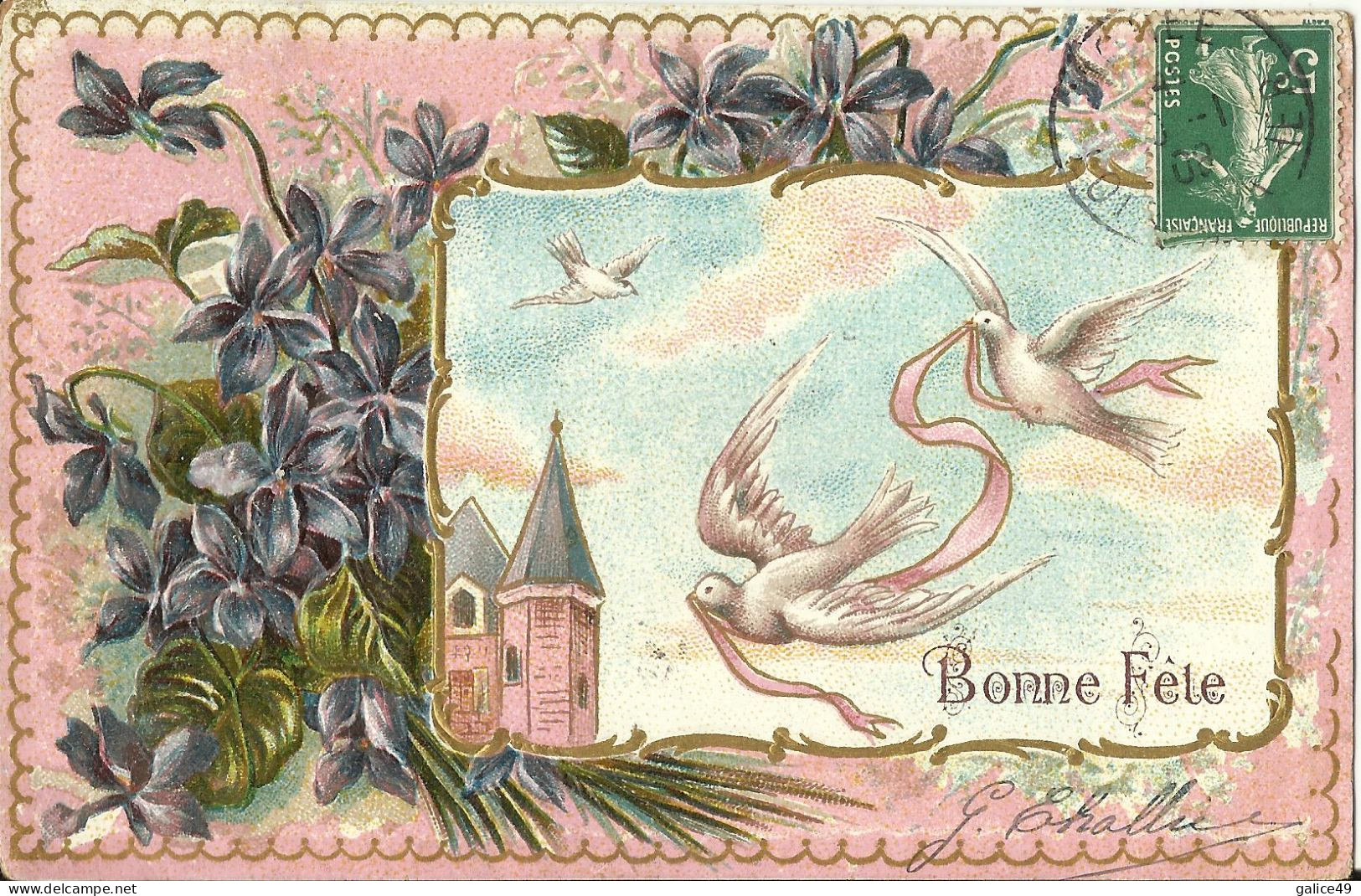 4623 Belle CPA Gaufrée - Bouquet De Violettes - Colombes Dans Un Médaillon - Bonne Fête - Otros & Sin Clasificación