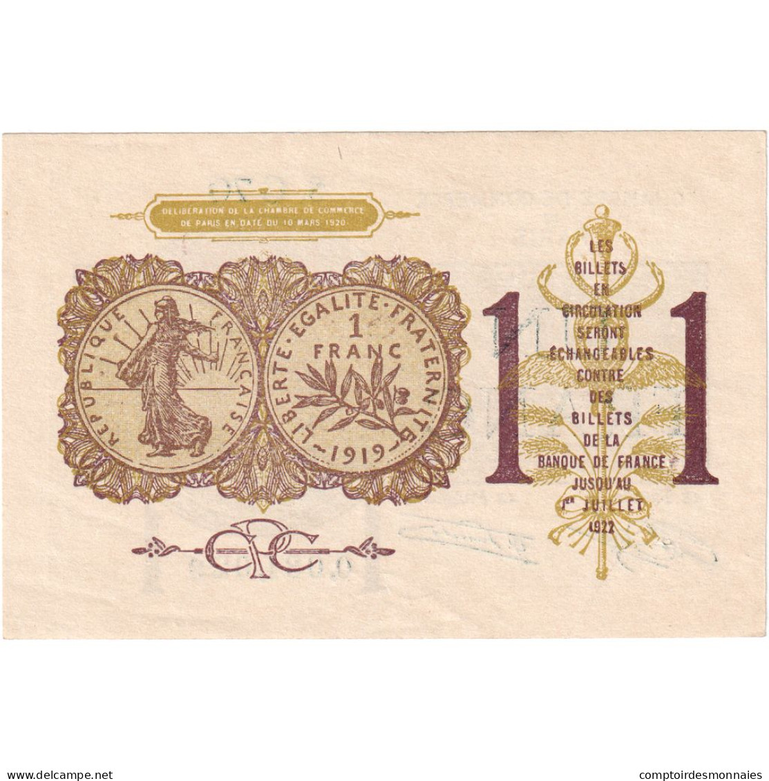 France, Paris, 1 Franc, 1920, NEUF, Pirot:97-23 - Chamber Of Commerce