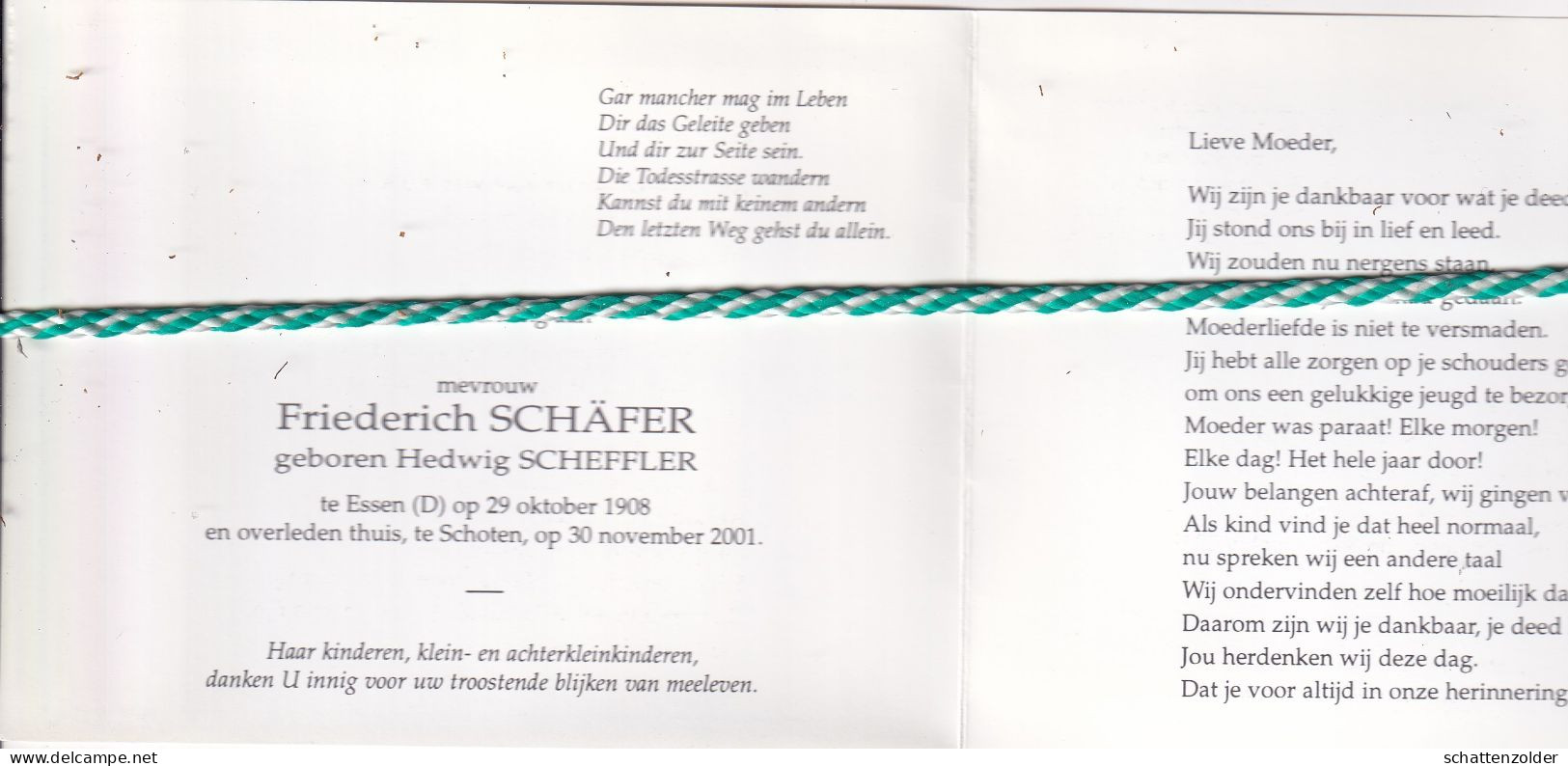 Hedwig Scheffler-Schäfer, Essen (D) 1908, Schoten 2001. Foto - Todesanzeige