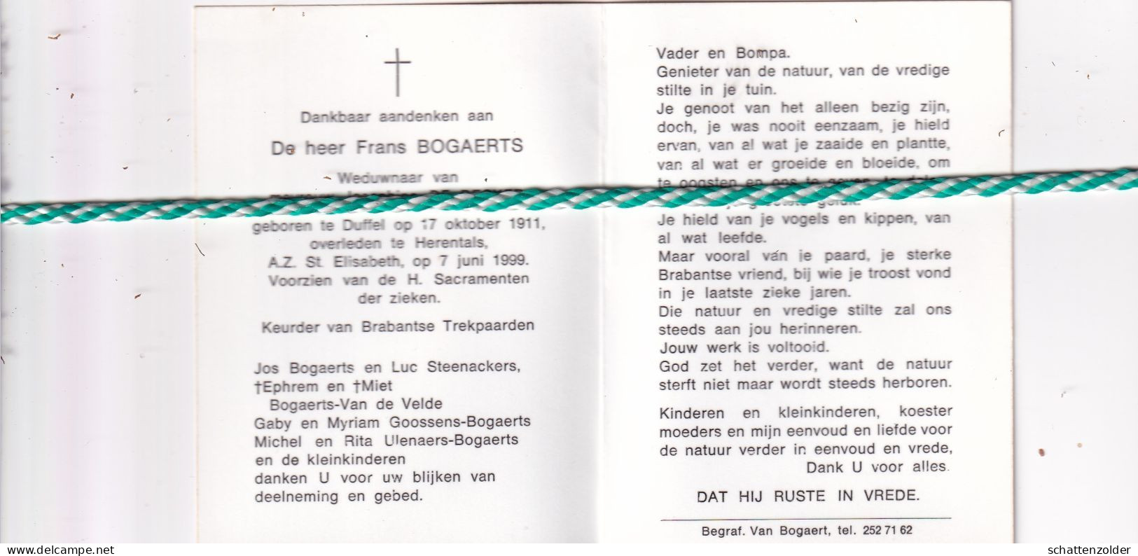 Frans Bogaerts-De Decker, Duffel 1911, Herentals 1999. Foto - Obituary Notices