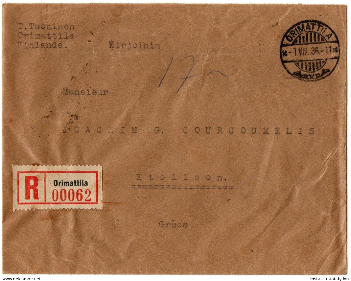 1,45 FINLAND, 1936, COVER TO GREECE - Brieven En Documenten