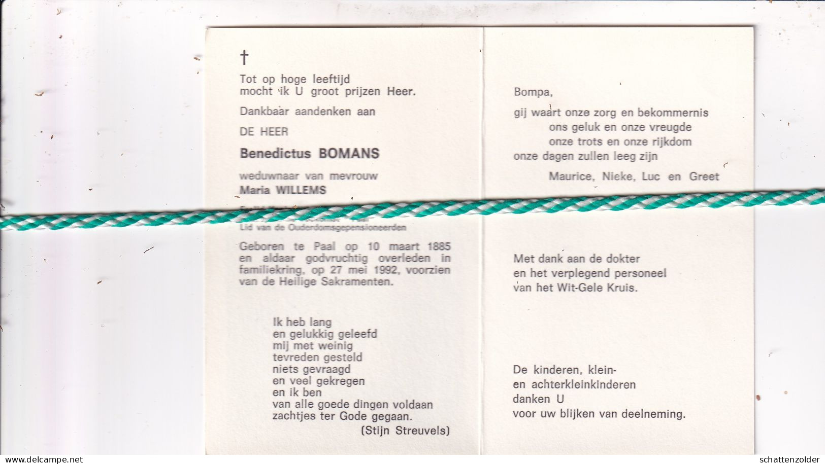 Benedictus Bomans-Willems, Paal 1885, 1992. Honderdjarige. Foto - Décès