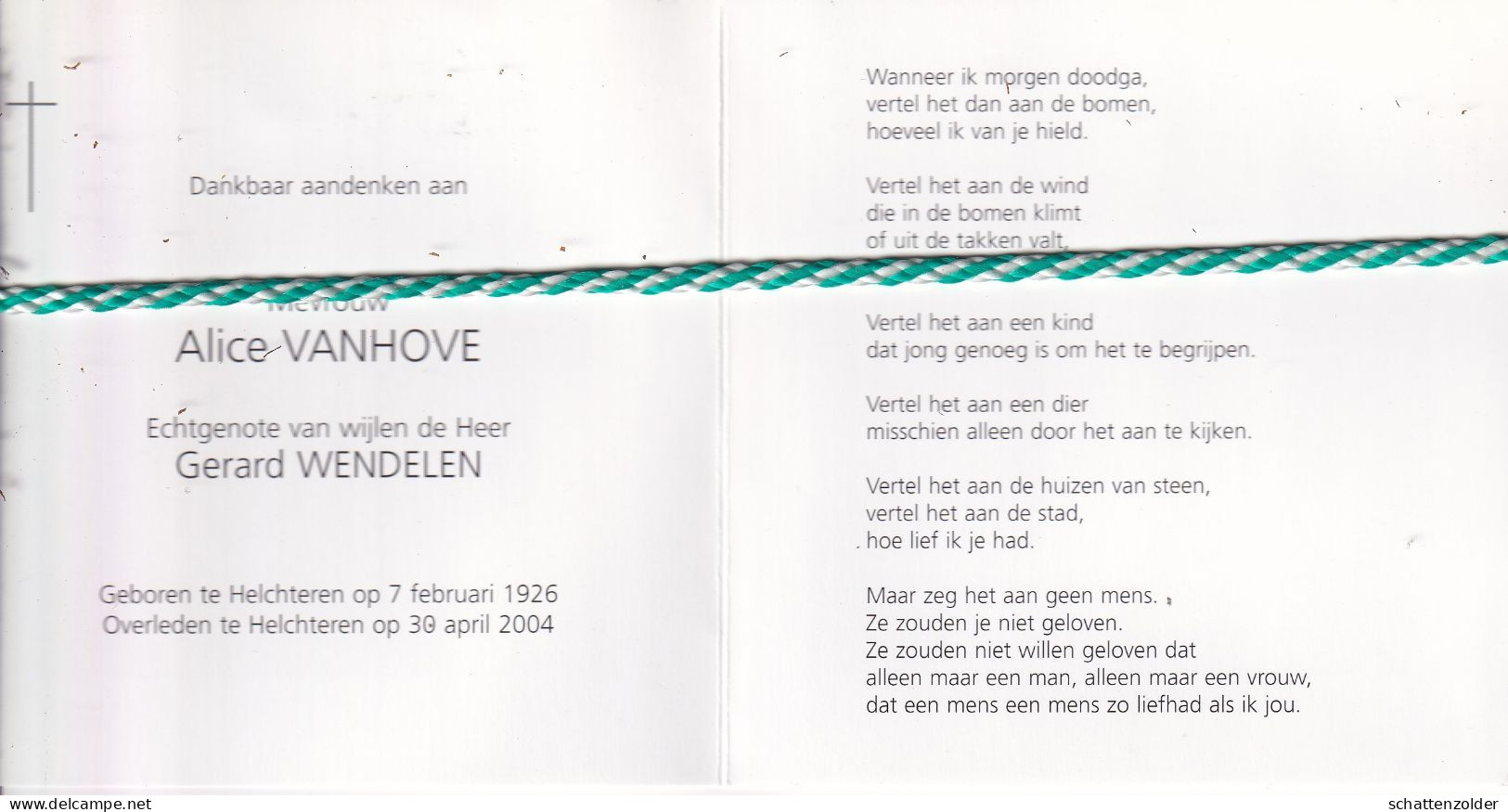 Alice Vanhove-Wendelen, Helchteren 1926, 2004. Foto - Todesanzeige