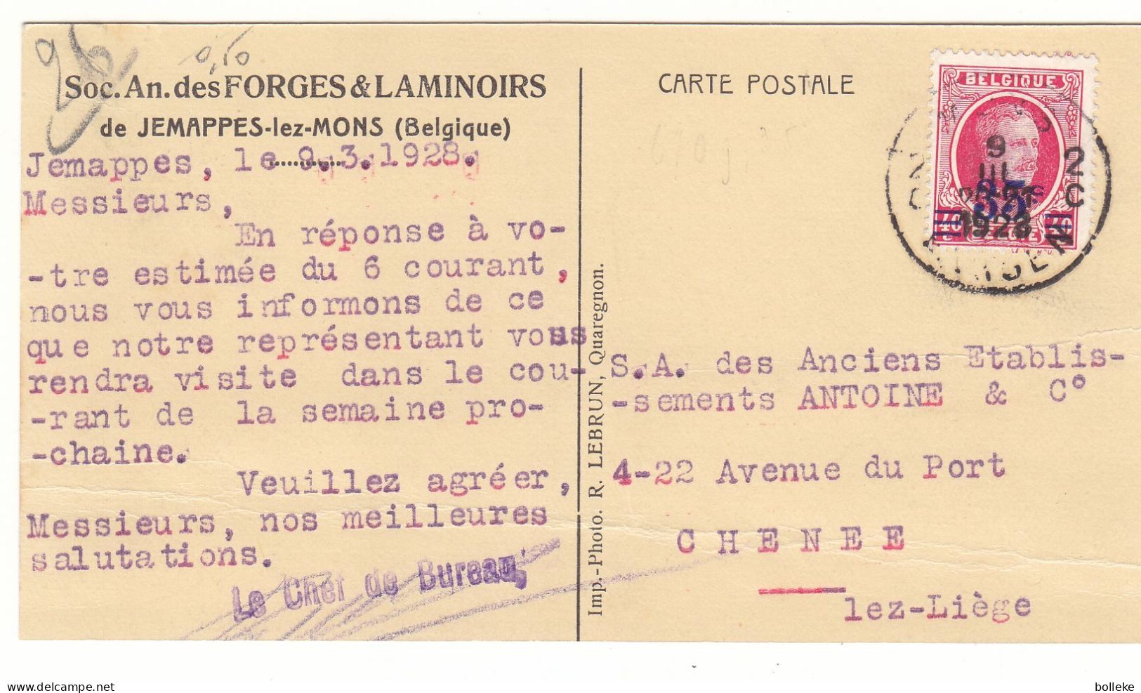 Belgique - Carte Postale De 1928 - Expédié Vers Chênée - Vue Forges Et Laminoirs De Jemappes - - Storia Postale