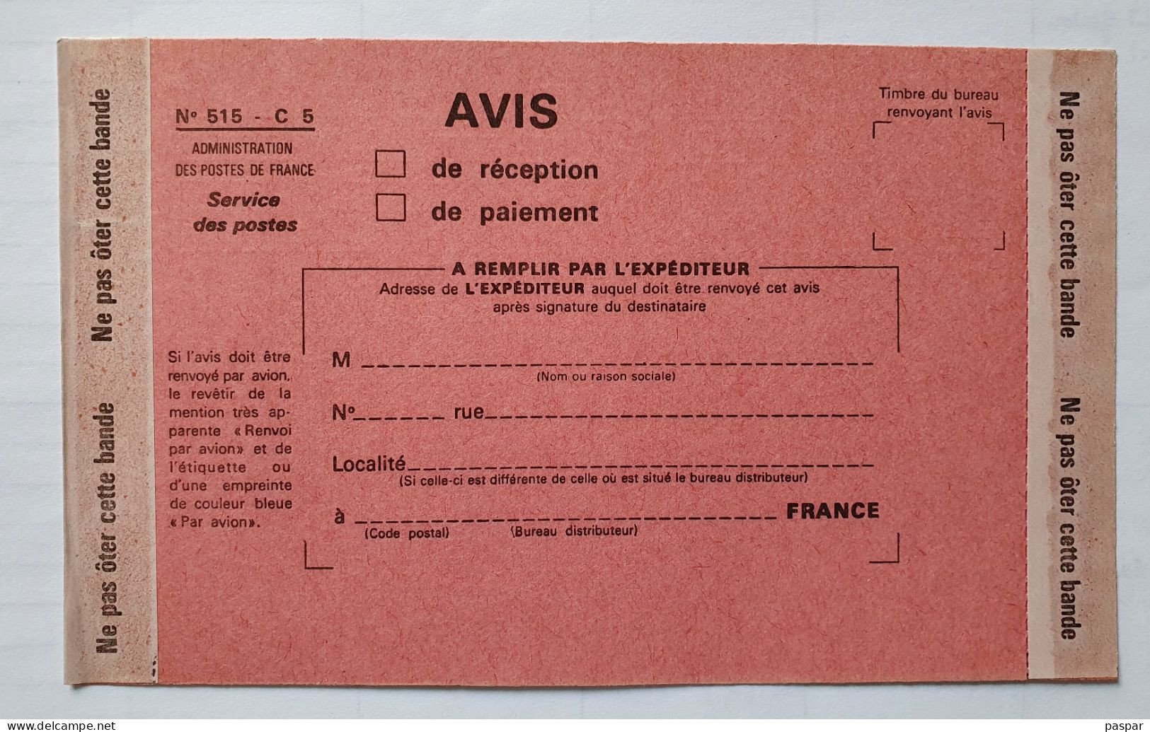 Avis De Réception / Paiement N° 515 . C5 Vierge - Poste France - Documents Of Postal Services