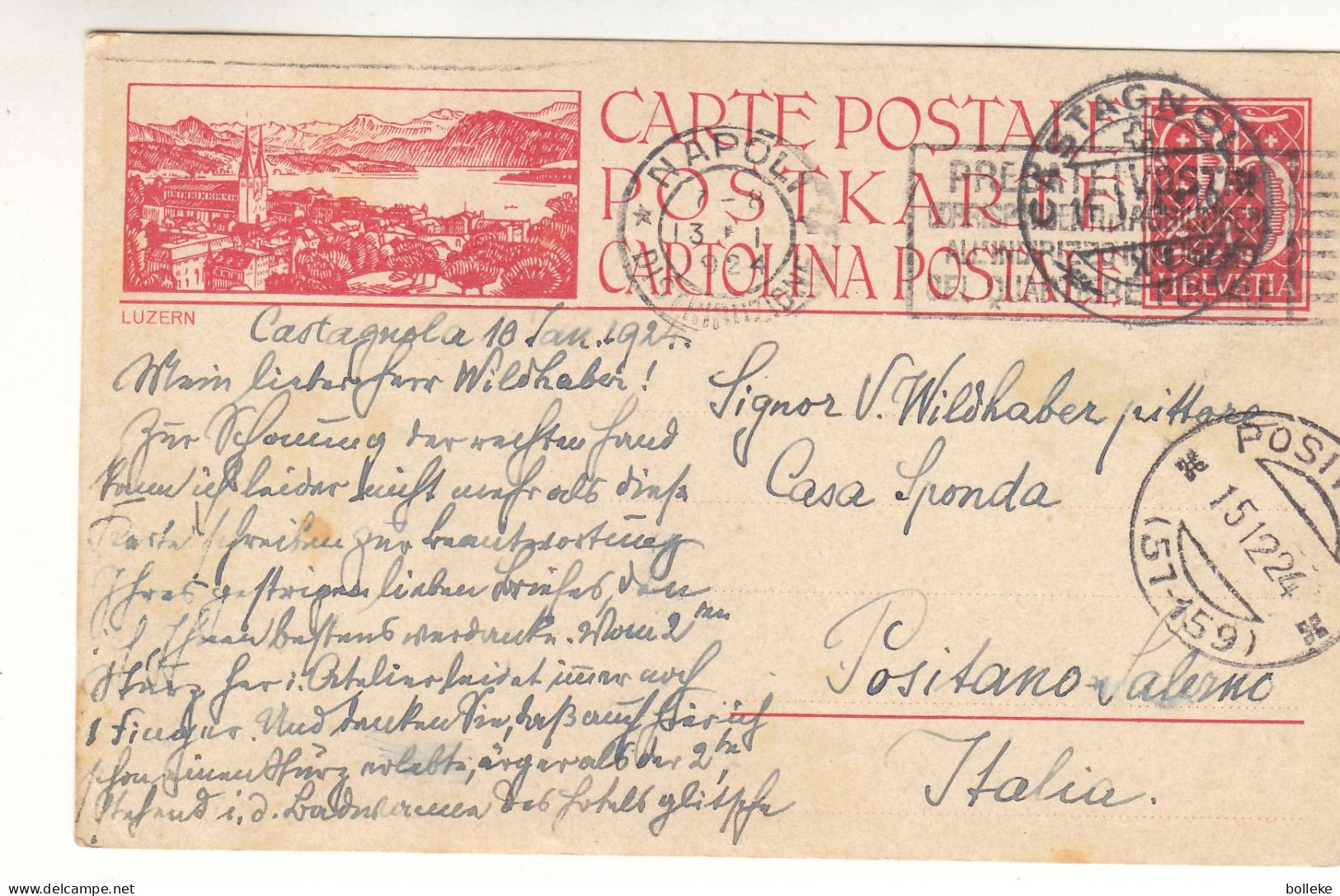 Suisse - Carte Postale De 1924 - Oblit Castagnola - Exp Vers Positano Salermo - Cachet De Napoli - - Covers & Documents