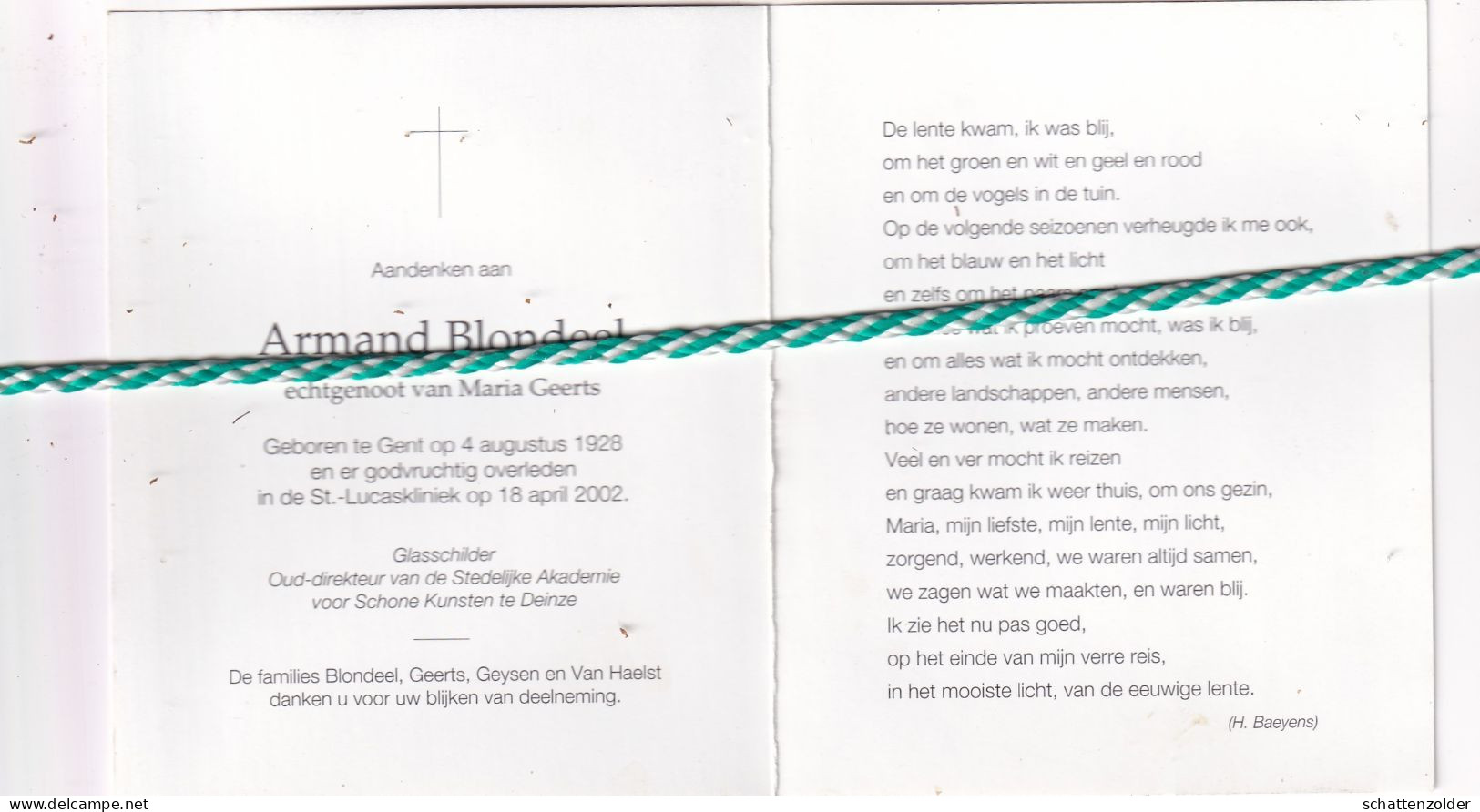 Armand Blondeel-Geerts, Gent 1928, 2002. Glasschilder, Foto - Todesanzeige