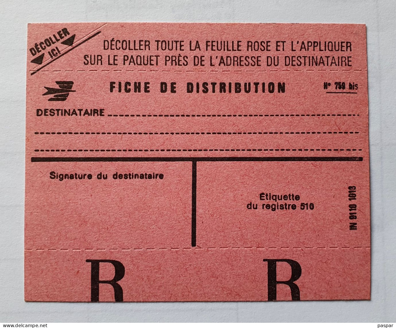 Fiche De Distribution N°759 Bis Vierge - Poste France - Postdokumente
